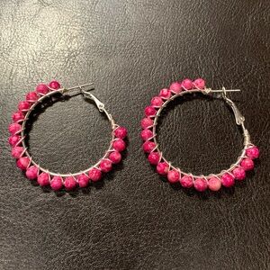 ⭐️2/$10 Pink Turquoise Beaded Hoops Wire Wrapped Silver Earrings